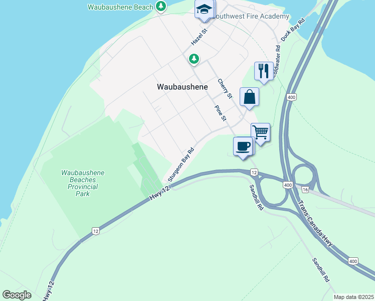 map of restaurants, bars, coffee shops, grocery stores, and more near 443 Sturgeon Bay Road in Waubaushene