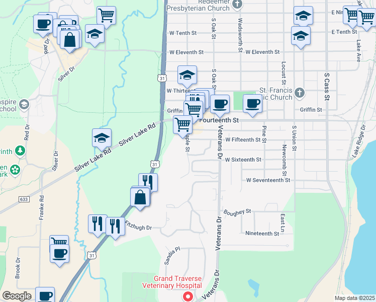 map of restaurants, bars, coffee shops, grocery stores, and more near South Maple Street in Traverse City