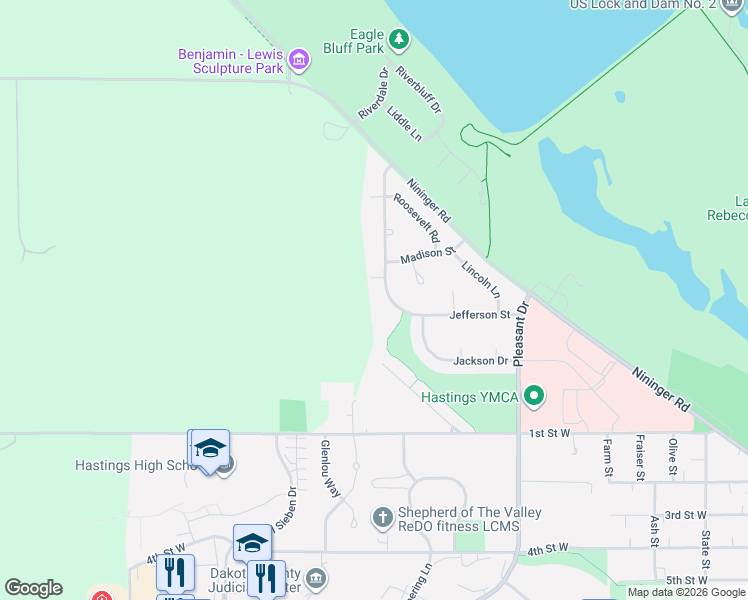map of restaurants, bars, coffee shops, grocery stores, and more near 1385 Jefferson Street in Hastings