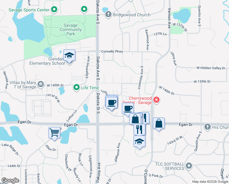 map of restaurants, bars, coffee shops, grocery stores, and more near 14124 Alabama Avenue in Savage