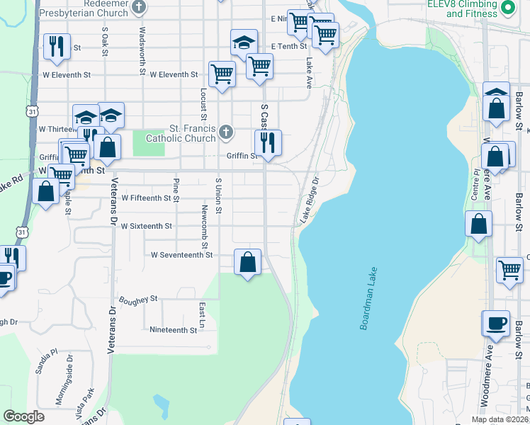 map of restaurants, bars, coffee shops, grocery stores, and more near 1351 South Cass Street in Traverse City