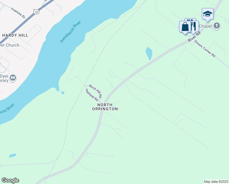 map of restaurants, bars, coffee shops, grocery stores, and more near 320 River Road in Orrington