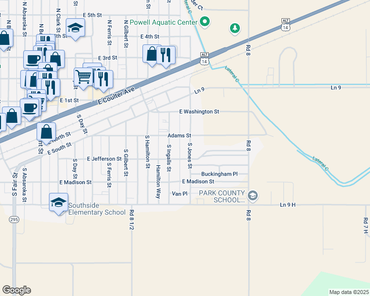map of restaurants, bars, coffee shops, grocery stores, and more near 382 S Jones St in Powell