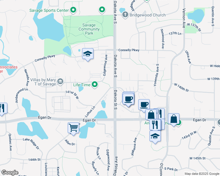 map of restaurants, bars, coffee shops, grocery stores, and more near 5705 Loftus Lane in Savage