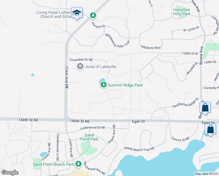 map of restaurants, bars, coffee shops, grocery stores, and more near 5799 Meridian Way Northeast in Prior Lake