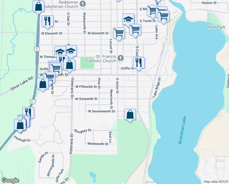 map of restaurants, bars, coffee shops, grocery stores, and more near 1320-1322 Newcomb St in Traverse City