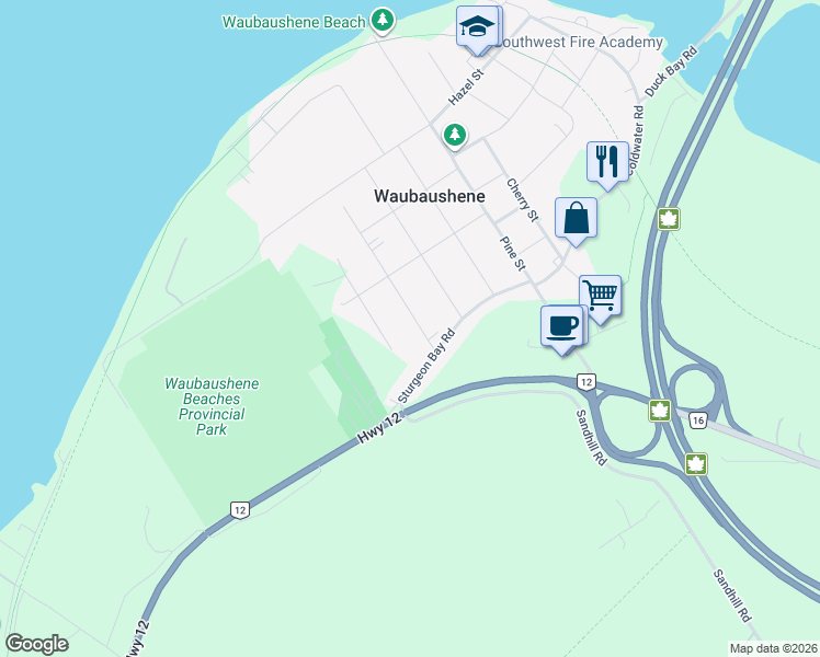 map of restaurants, bars, coffee shops, grocery stores, and more near 328 Percy Street in Waubaushene