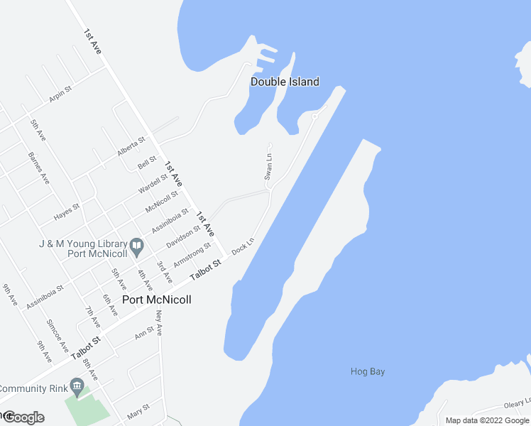 map of restaurants, bars, coffee shops, grocery stores, and more near 21 Dock Lane in Port McNicoll