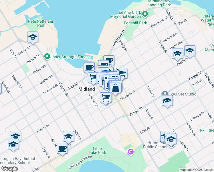 map of restaurants, bars, coffee shops, grocery stores, and more near 270 King Street in Midland