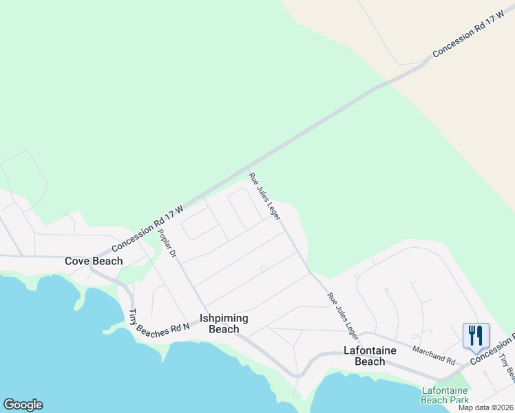 map of restaurants, bars, coffee shops, grocery stores, and more near 50 Laurier Boulevard in Simcoe County