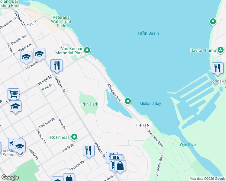 map of restaurants, bars, coffee shops, grocery stores, and more near 559 Aberdeen Boulevard in Midland