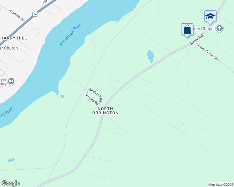 map of restaurants, bars, coffee shops, grocery stores, and more near 320 River Road in Orrington