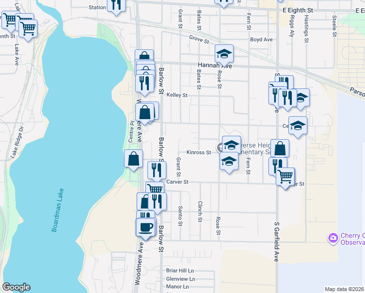 map of restaurants, bars, coffee shops, grocery stores, and more near 1003 Grant Street in Traverse City