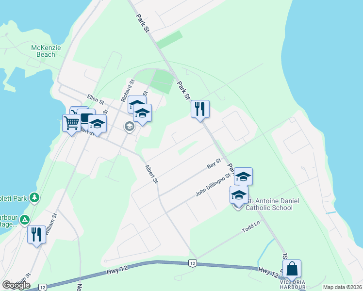 map of restaurants, bars, coffee shops, grocery stores, and more near 57 Maple Street in Simcoe County