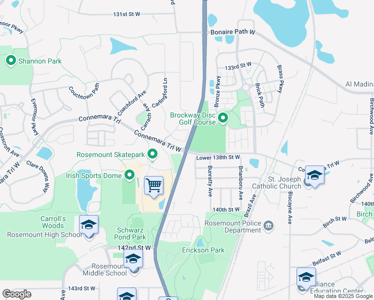 map of restaurants, bars, coffee shops, grocery stores, and more near Robert Trail S & Connemara Trail in Rosemount