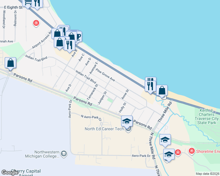 map of restaurants, bars, coffee shops, grocery stores, and more near in Traverse City