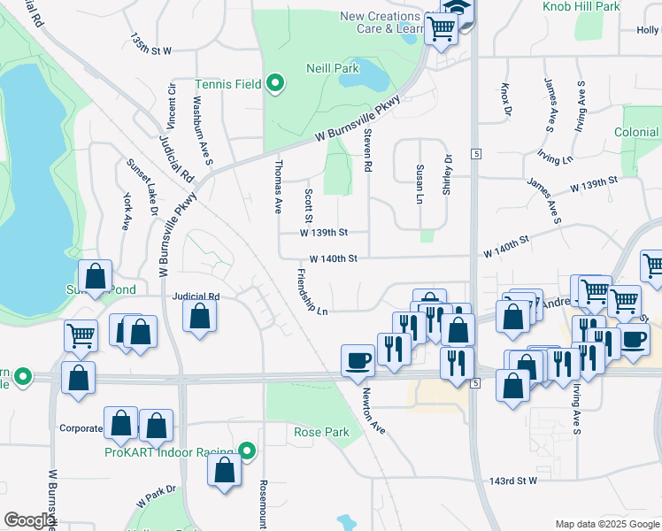 map of restaurants, bars, coffee shops, grocery stores, and more near 2405 West 140th Street in Burnsville