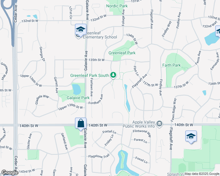 map of restaurants, bars, coffee shops, grocery stores, and more near 13655 Fordham Avenue in Apple Valley
