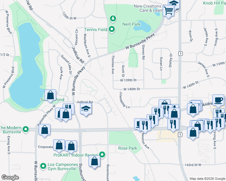 map of restaurants, bars, coffee shops, grocery stores, and more near 13912 Thomas Avenue in Burnsville