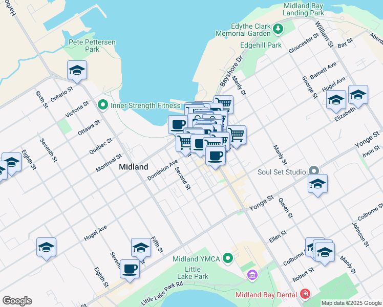 map of restaurants, bars, coffee shops, grocery stores, and more near 525 Dominion Avenue in Midland