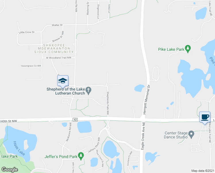 map of restaurants, bars, coffee shops, grocery stores, and more near 13821 Shepherds Path Northwest in Prior Lake
