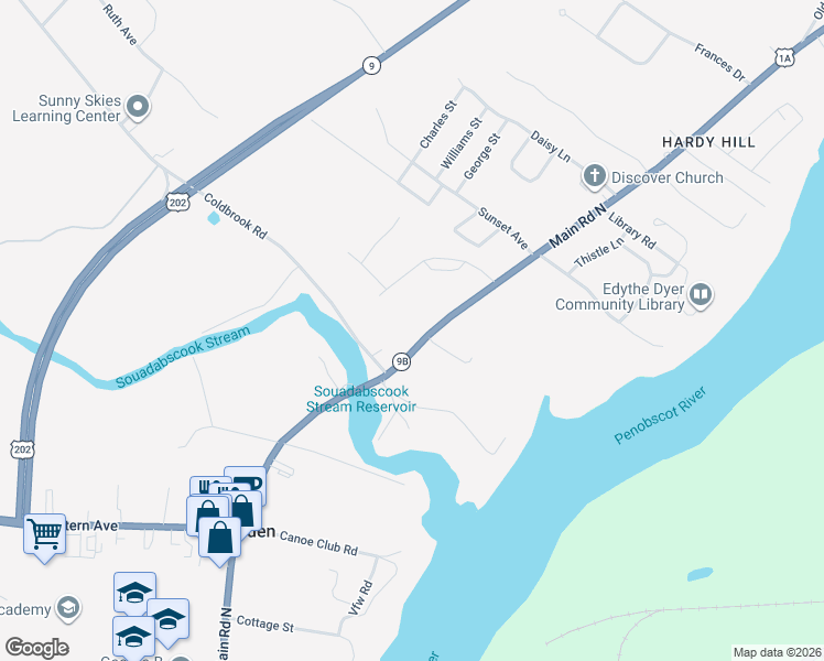 map of restaurants, bars, coffee shops, grocery stores, and more near 188 Main Road North in Hampden