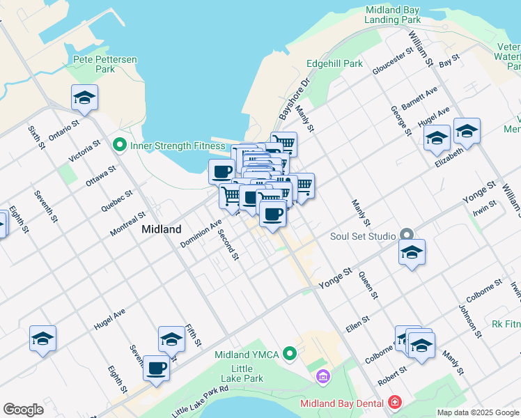 map of restaurants, bars, coffee shops, grocery stores, and more near 248 King Street in Midland