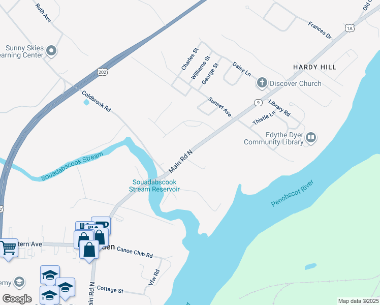 map of restaurants, bars, coffee shops, grocery stores, and more near 188 Main Road North in Hampden