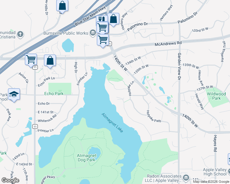 map of restaurants, bars, coffee shops, grocery stores, and more near 8962 138th Street Court West in Apple Valley
