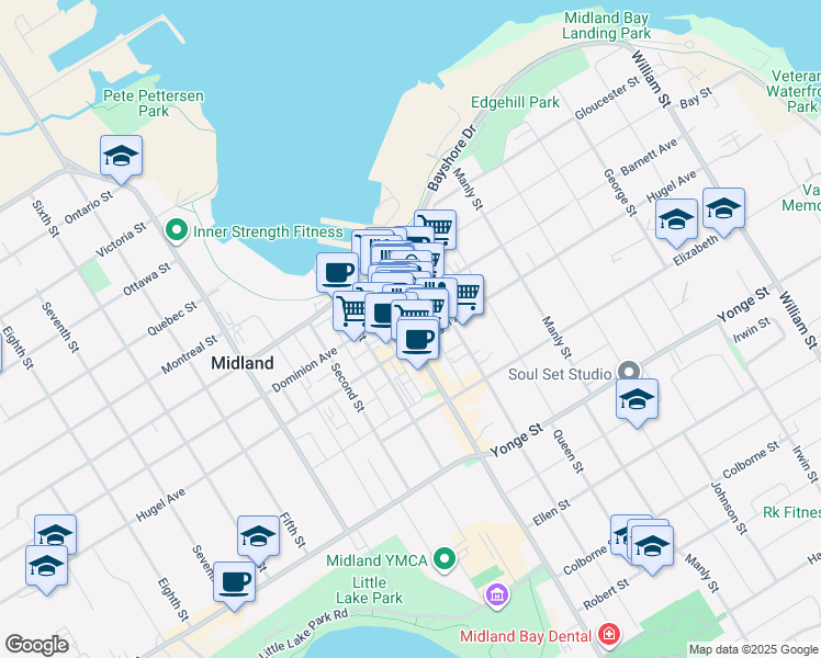 map of restaurants, bars, coffee shops, grocery stores, and more near 248 King Street in Midland