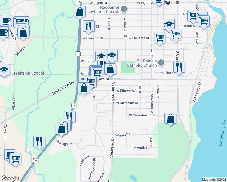map of restaurants, bars, coffee shops, grocery stores, and more near 1301 Veterans Drive in Traverse City