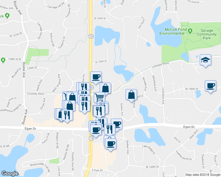 map of restaurants, bars, coffee shops, grocery stores, and more near 13956 Shoreside Court in Savage