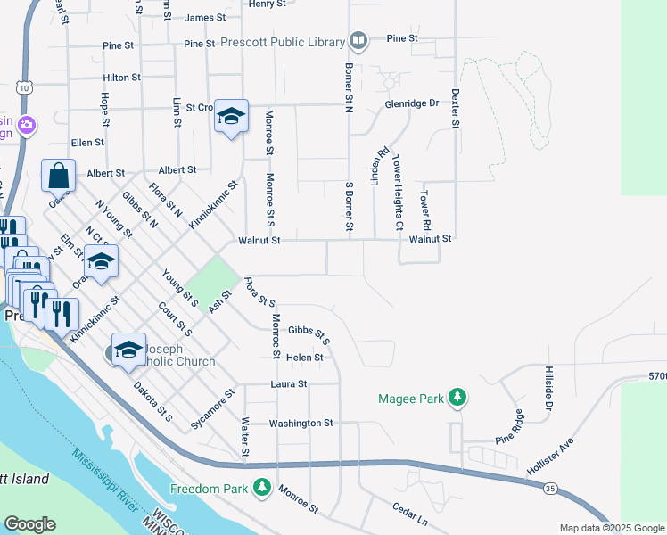map of restaurants, bars, coffee shops, grocery stores, and more near 1483 Walnut Street in Prescott