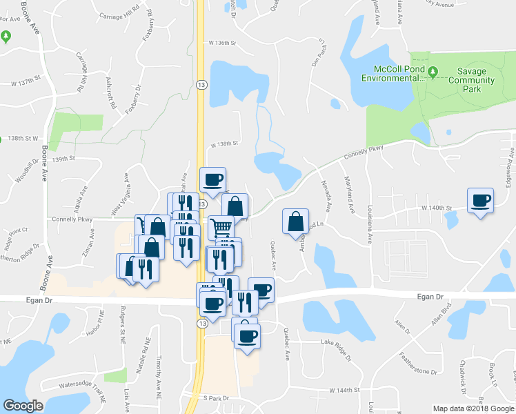 map of restaurants, bars, coffee shops, grocery stores, and more near 13963 Shoreside Court in Savage