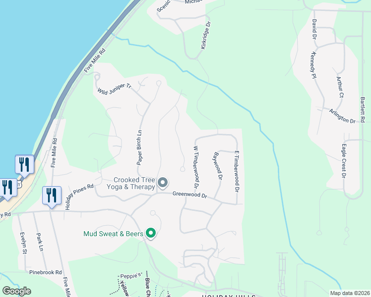map of restaurants, bars, coffee shops, grocery stores, and more near 4201-4499 West Timberwood Drive in Traverse City