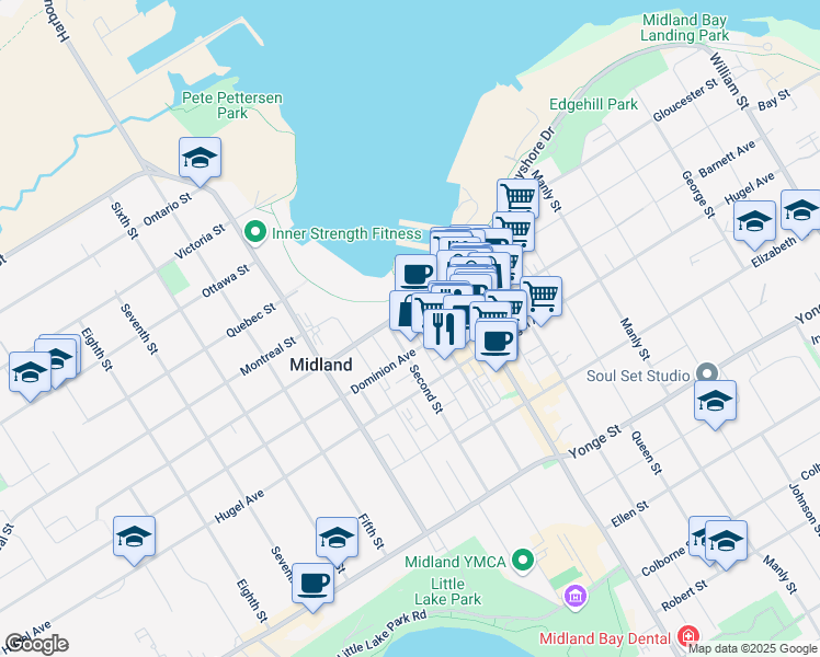 map of restaurants, bars, coffee shops, grocery stores, and more near in Midland