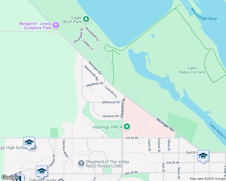 map of restaurants, bars, coffee shops, grocery stores, and more near 1316 Lincoln Lane in Hastings