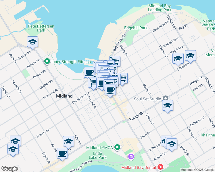 map of restaurants, bars, coffee shops, grocery stores, and more near 248 King Street in Midland