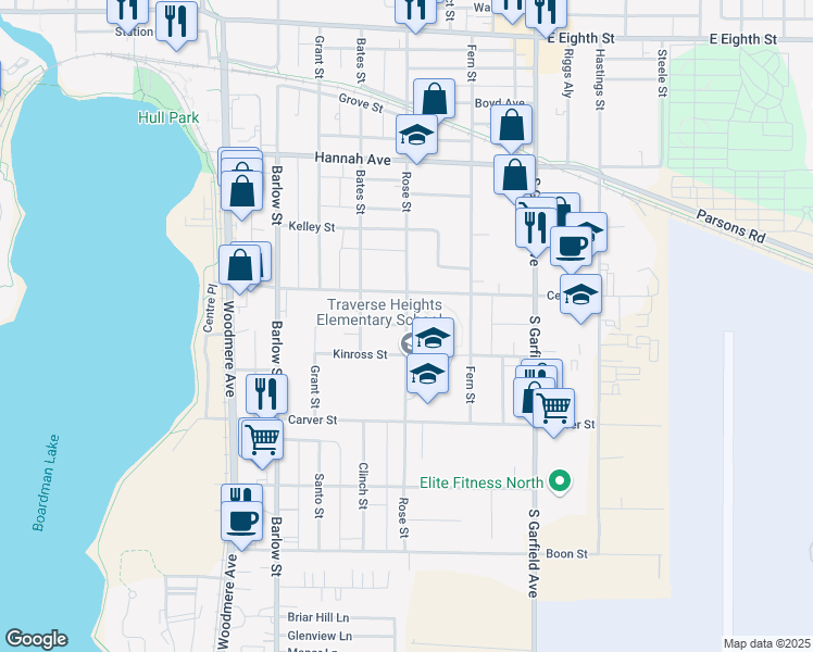 map of restaurants, bars, coffee shops, grocery stores, and more near 933 Rose Street in Traverse City