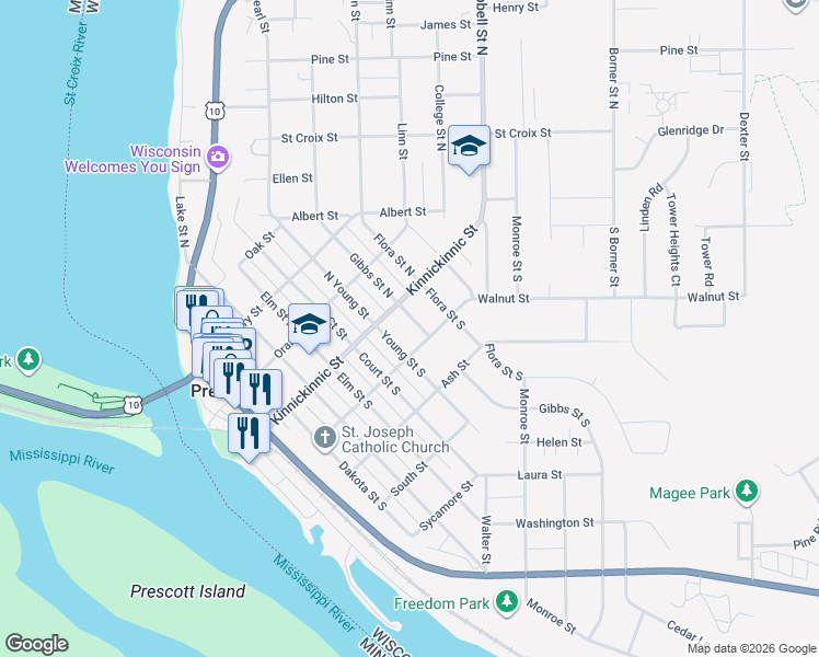 map of restaurants, bars, coffee shops, grocery stores, and more near 170 Gibbs Street South in Prescott