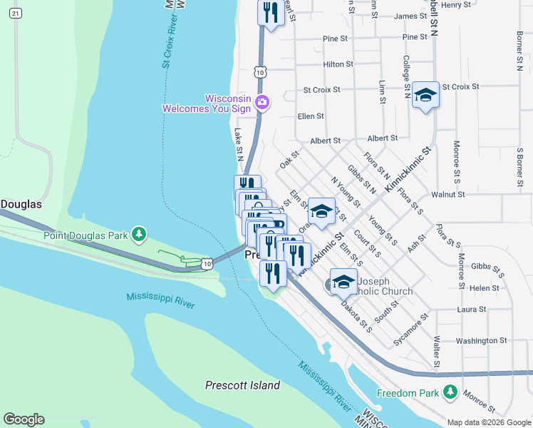 map of restaurants, bars, coffee shops, grocery stores, and more near 319 Locust Street North in Prescott