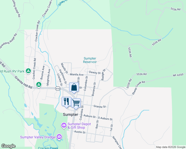 map of restaurants, bars, coffee shops, grocery stores, and more near 805 Bonanza Street in Sumpter