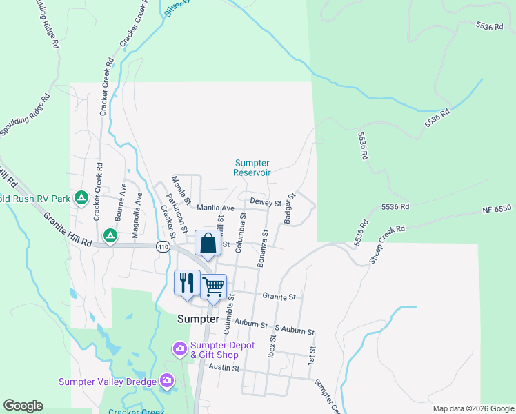 map of restaurants, bars, coffee shops, grocery stores, and more near 805 Bonanza Street in Sumpter