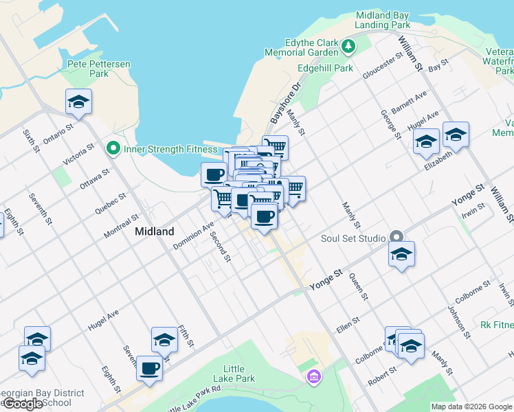map of restaurants, bars, coffee shops, grocery stores, and more near 248 King Street in Midland