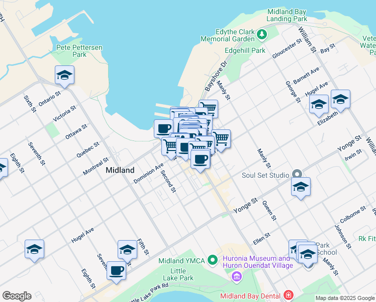 map of restaurants, bars, coffee shops, grocery stores, and more near 248 King Street in Midland
