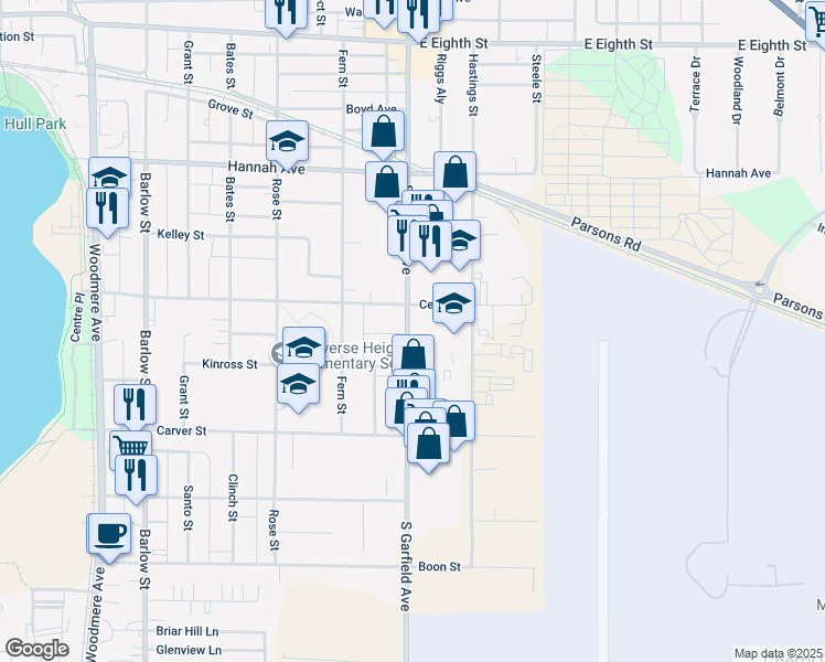 map of restaurants, bars, coffee shops, grocery stores, and more near 1100-1298 Centre St in Traverse City