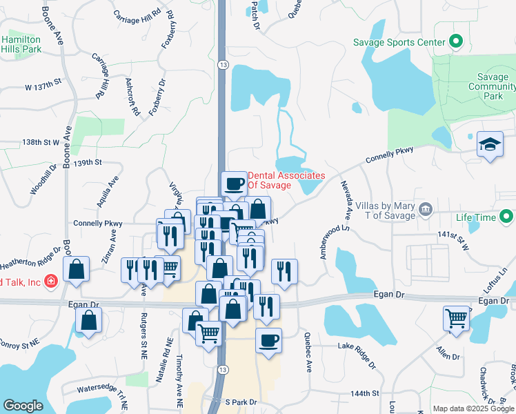 map of restaurants, bars, coffee shops, grocery stores, and more near 13924 Ventura Place in Savage