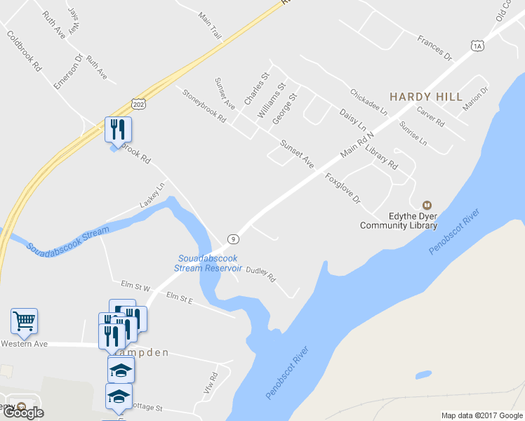 map of restaurants, bars, coffee shops, grocery stores, and more near 188 Main Road North in Hampden
