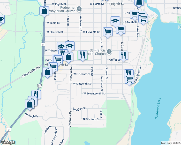 map of restaurants, bars, coffee shops, grocery stores, and more near 302 West Fifteenth Street in Traverse City