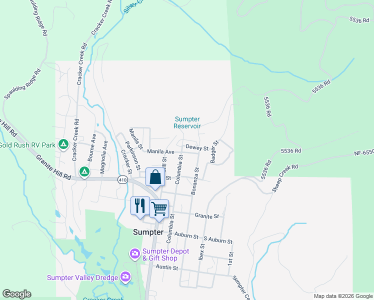 map of restaurants, bars, coffee shops, grocery stores, and more near 805 Bonanza Street in Sumpter
